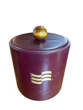 Vintage Kraftware NYC Burgundy Faux Leather Ice Bucket Wood Knob MCM Barware